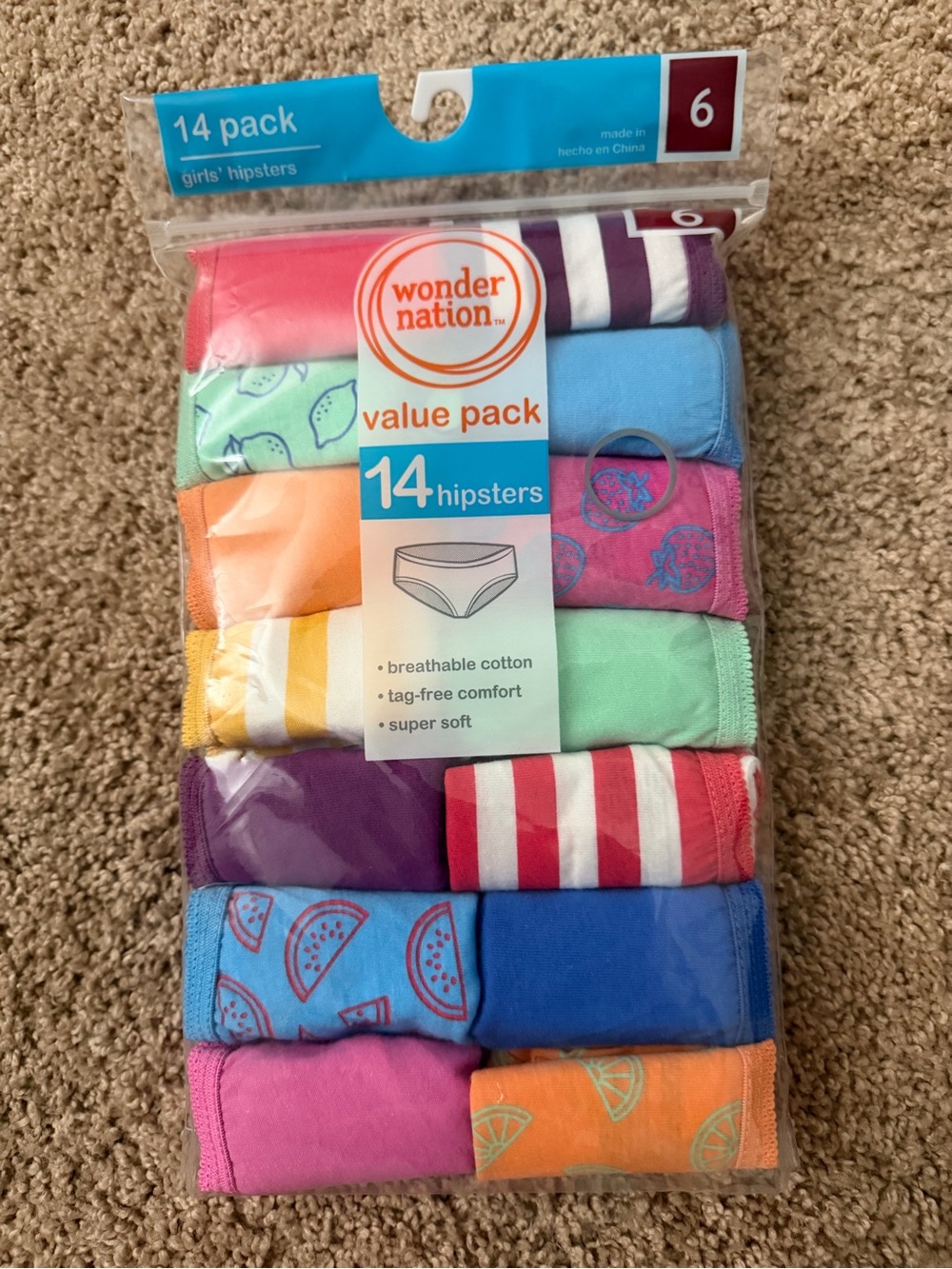 Wonder Nation Girls' Hipster Underwear Value Pack (14-Pack, Size 6)
